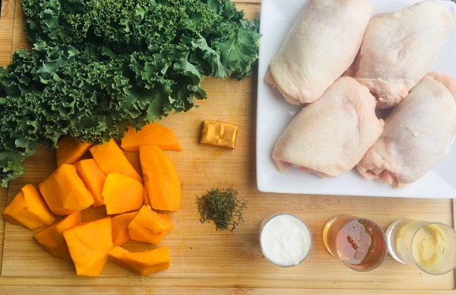 Slow cooker chicken in a honey and mustard sauce, with squash and kale.
